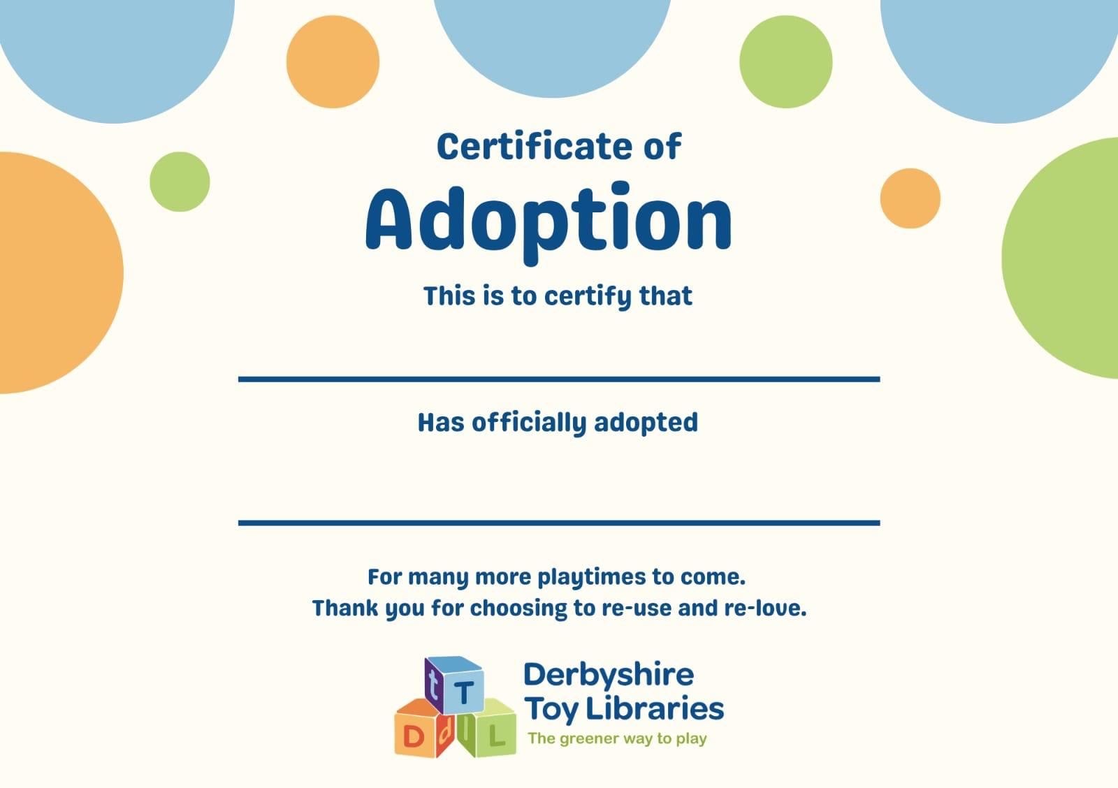 A blank Certificate of Adoption, given out with each adopted soft toy